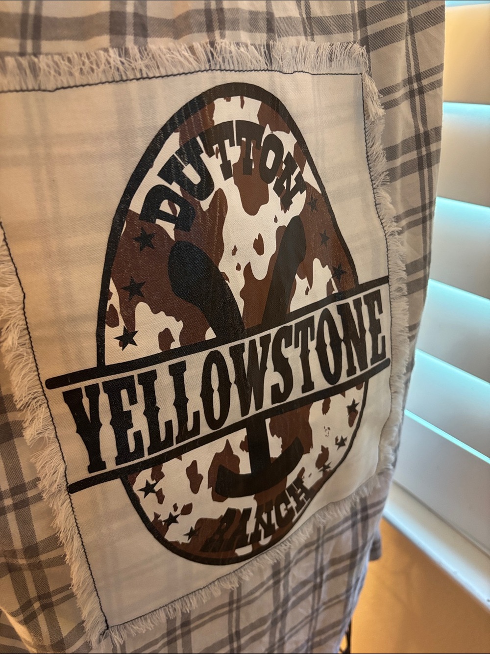 Handmade one of a kind Yellowstone Plaid Patch Back Button-Up Shirt - White/Grey - Picture 6 of 6